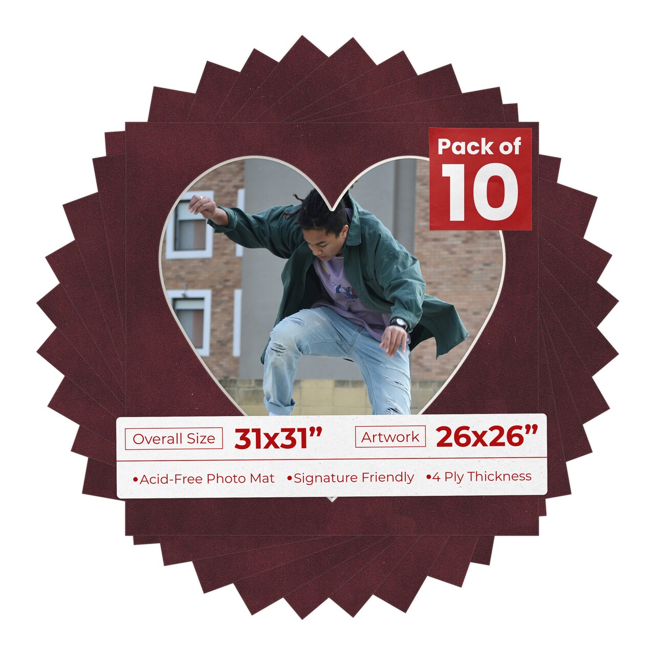 Dark Red Suede Mat Board for 31x31 Frames - Heart Opening for 26x26 Photos